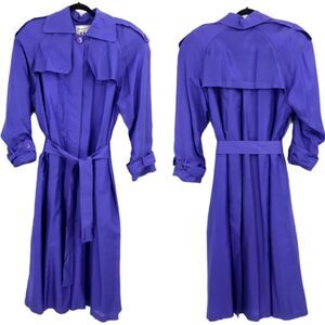 Vintage 80s‎ Silk Fashion Trench Coat Long Belted Sailor Back Purple Sz L